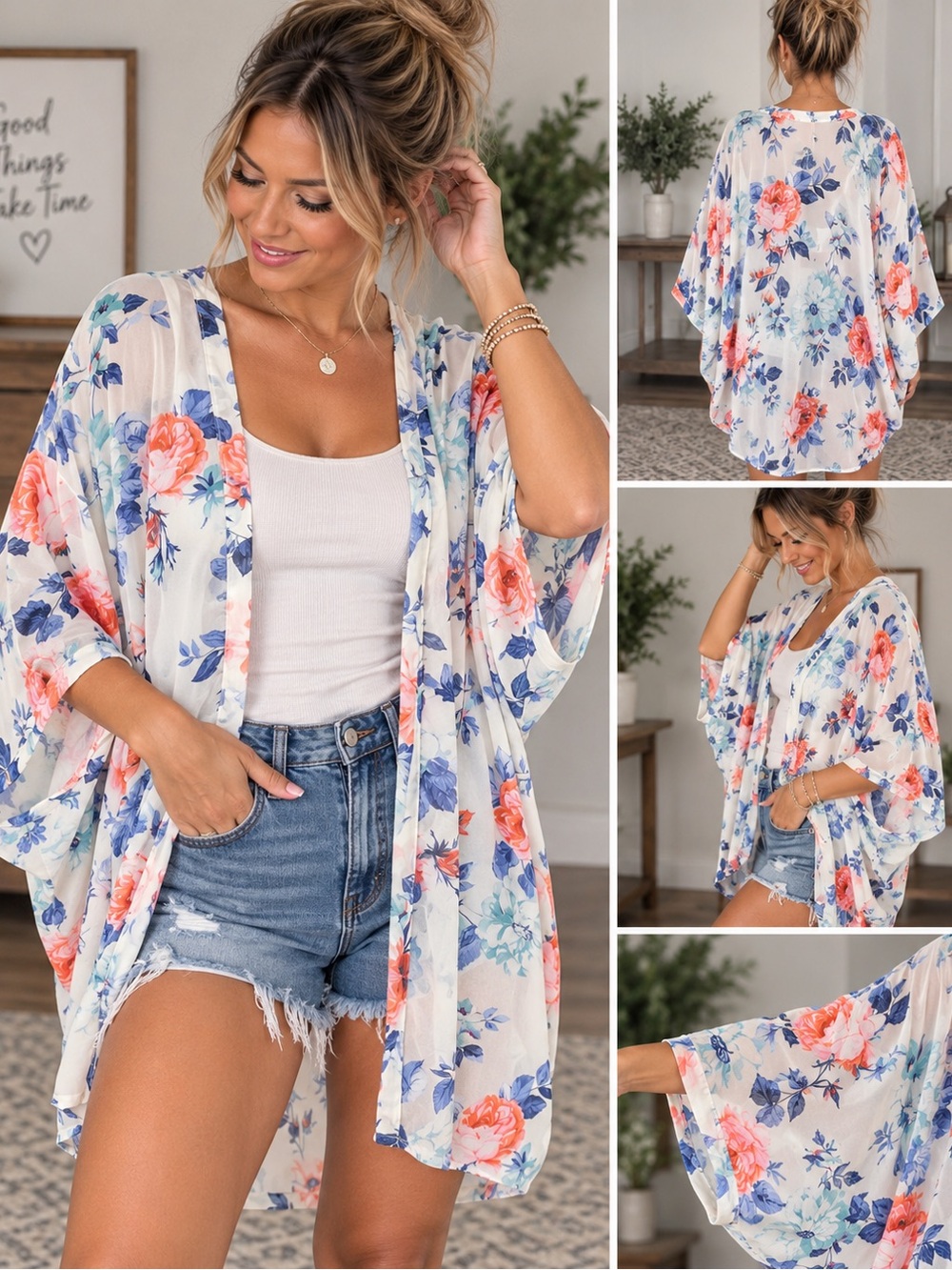 Source Unknown Floral Sheer Kimono - White with Coral & Blue Flowers